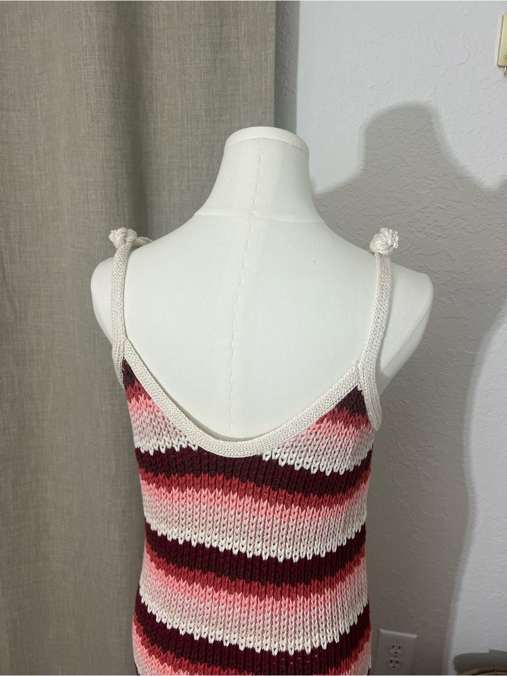 Zara Knit Crochet Maxi Dress Women Medium Pink Burgundy Striped Boho Beach - Picture 5 of 7